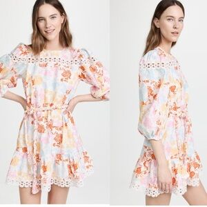 RAHI floral lace puff sleeve belted cotton mini dress women’s size S